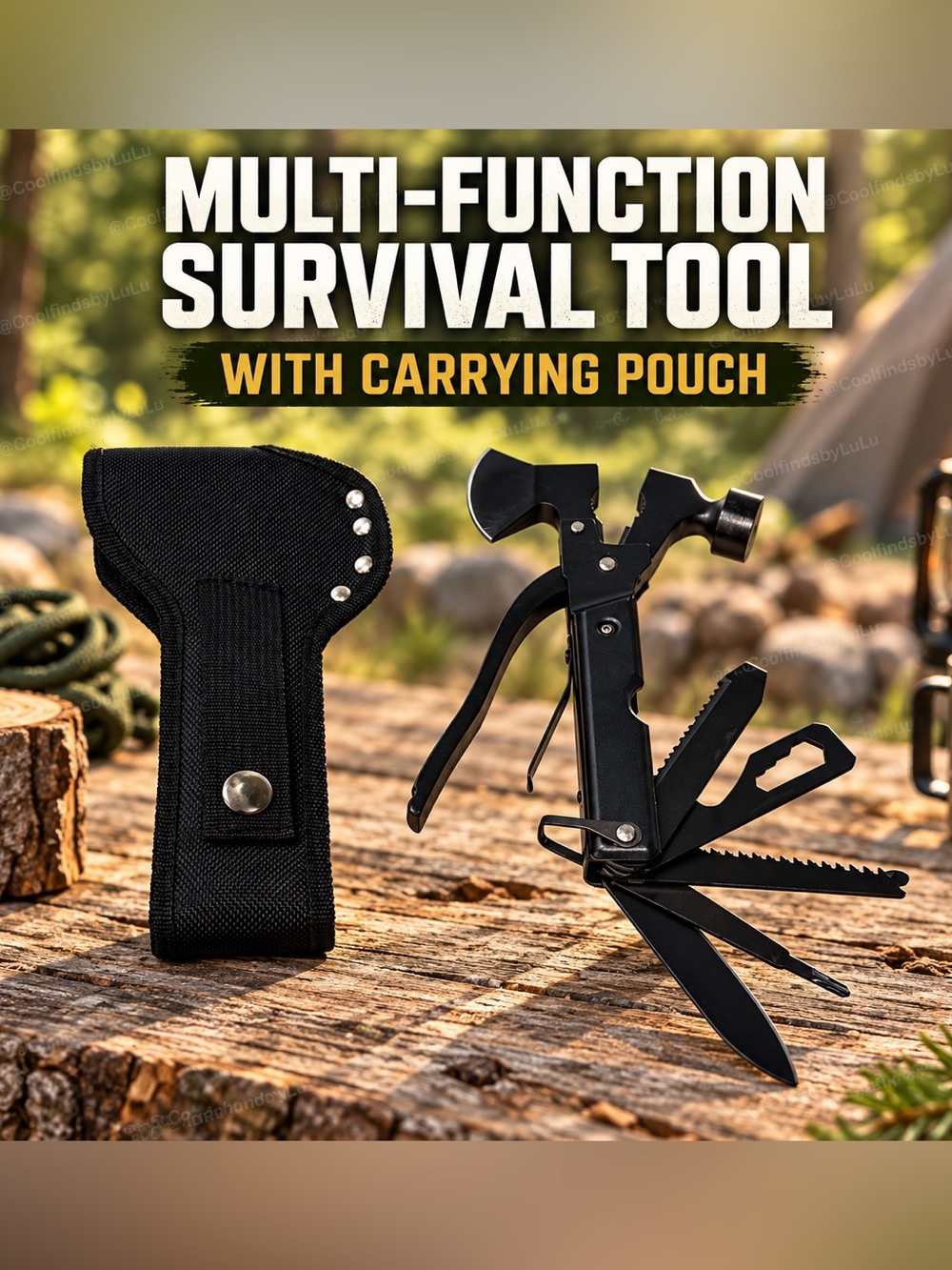Multi-Function Camping Black Survival Tool with Carrying Pouch